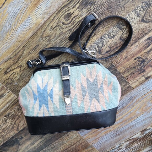 Vintage Mexican Handcraft Leather Woven-Wool Carpet Southwest Satchel Handbag - Picture 3 of 16